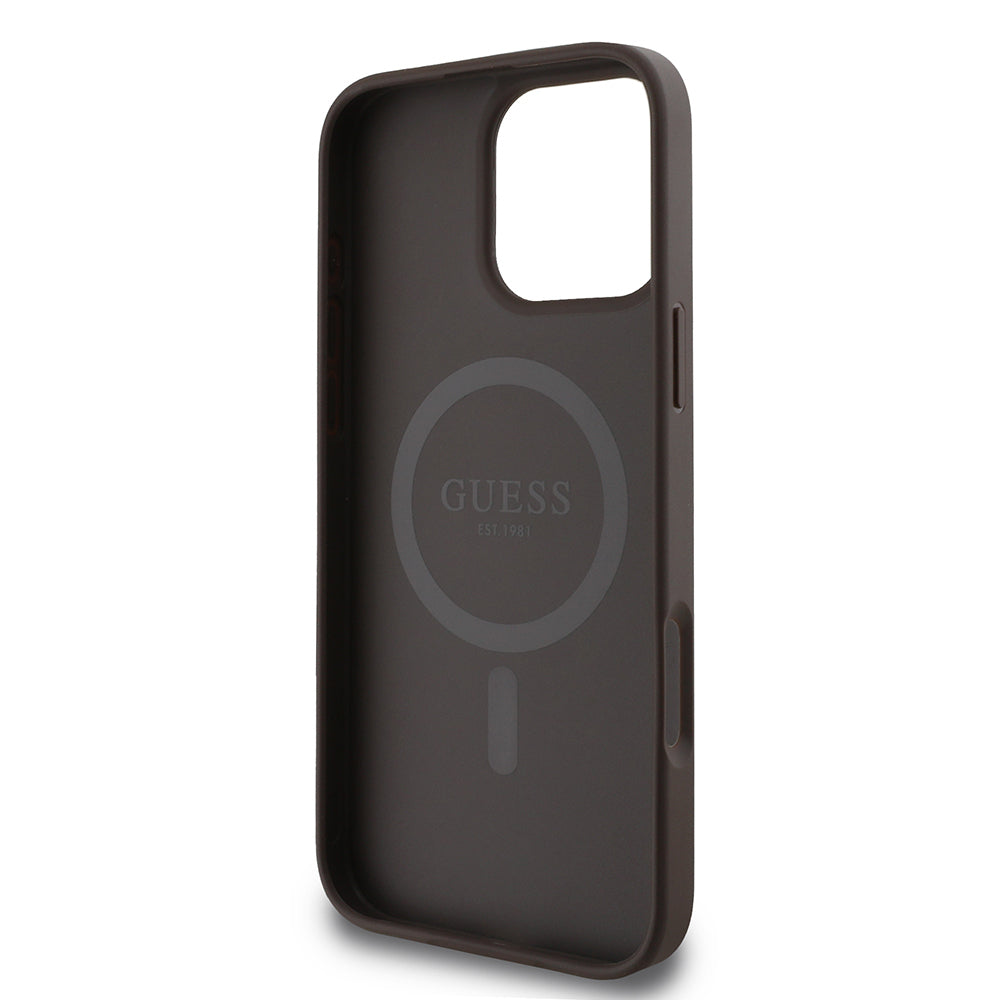 Guess Orijinal Lisanslı iPhone 16 Pro MagSafe Uyumlu Kılıf – 4G Desenli, PU Halkalı, Logolu Kahverengi