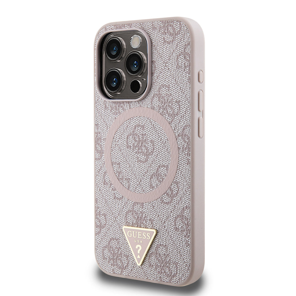 Guess Orijinal Lisanslı iPhone 16 Pro MagSafe Uyumlu Kılıf – PU, Üçgen Logolu, 4G Desenli Pembe