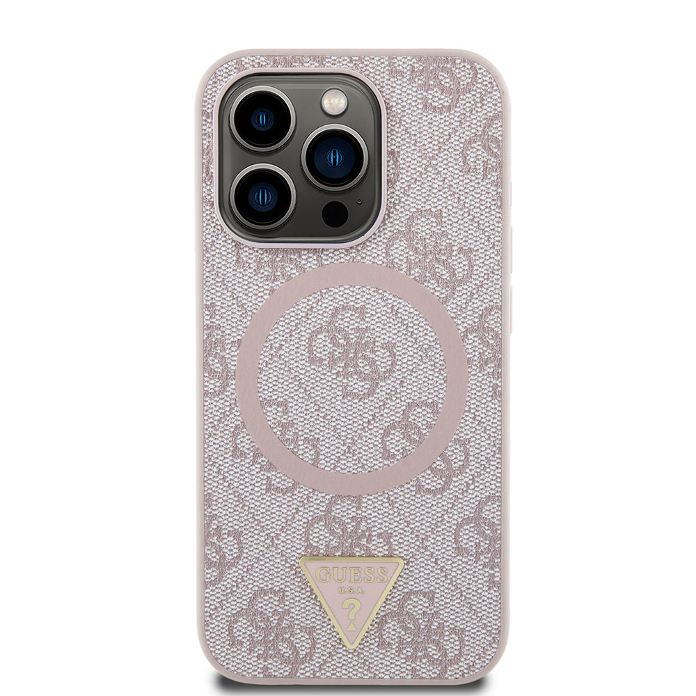 Guess Orijinal Lisanslı iPhone 16 Pro MagSafe Uyumlu Kılıf – PU, Üçgen Logolu, 4G Desenli Pembe