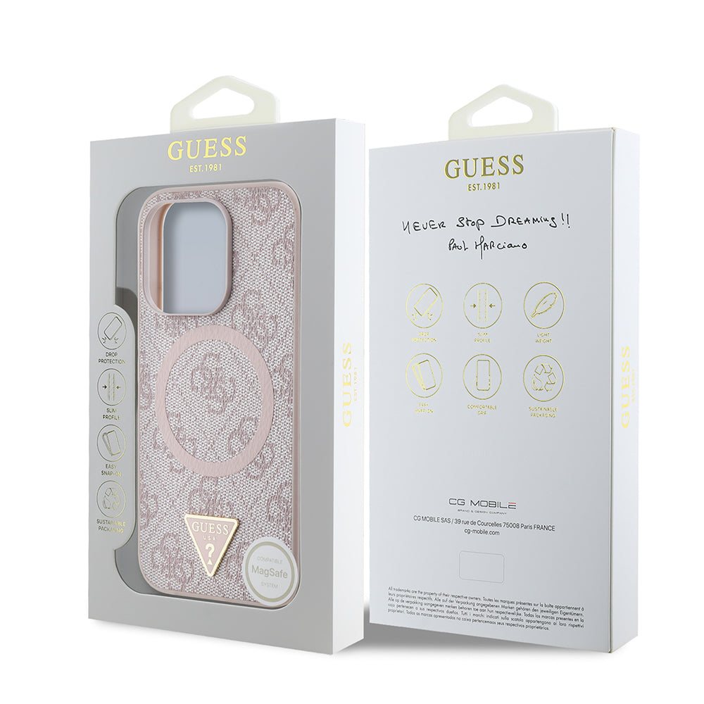 Guess Orijinal Lisanslı iPhone 16 Pro MagSafe Uyumlu Kılıf – PU, Üçgen Logolu, 4G Desenli Pembe