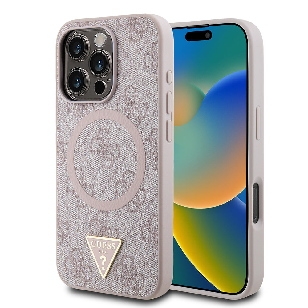 Guess Orijinal Lisanslı iPhone 16 Pro MagSafe Uyumlu Kılıf – PU, Üçgen Logolu, 4G Desenli Pembe