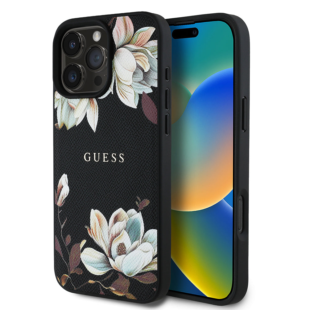 Guess Orijinal Lisanslı iPhone 16 Pro Max MagSafe Uyumlu Kılıf – Çiçek Desenli, Metal Logolu Siyah