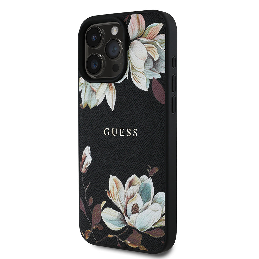 Guess Orijinal Lisanslı iPhone 16 Pro Max MagSafe Uyumlu Kılıf – Çiçek Desenli, Metal Logolu Siyah