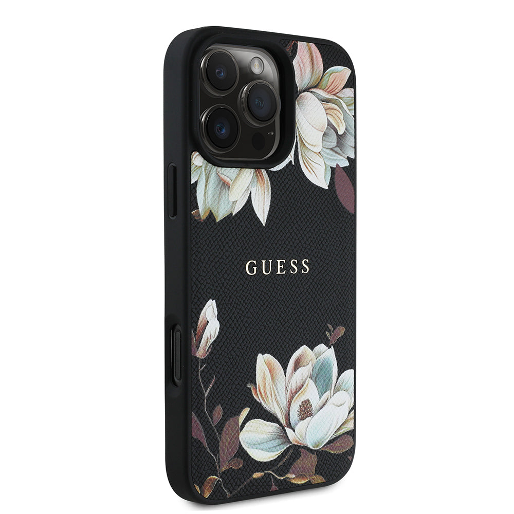 Guess Orijinal Lisanslı iPhone 16 Pro Max MagSafe Uyumlu Kılıf – Çiçek Desenli, Metal Logolu Siyah