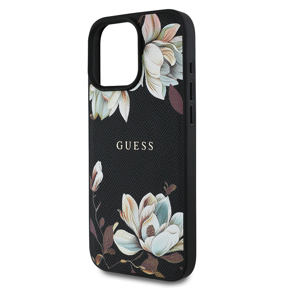Guess Orijinal Lisanslı iPhone 16 Pro Max MagSafe Uyumlu Kılıf – Çiçek Desenli, Metal Logolu Siyah