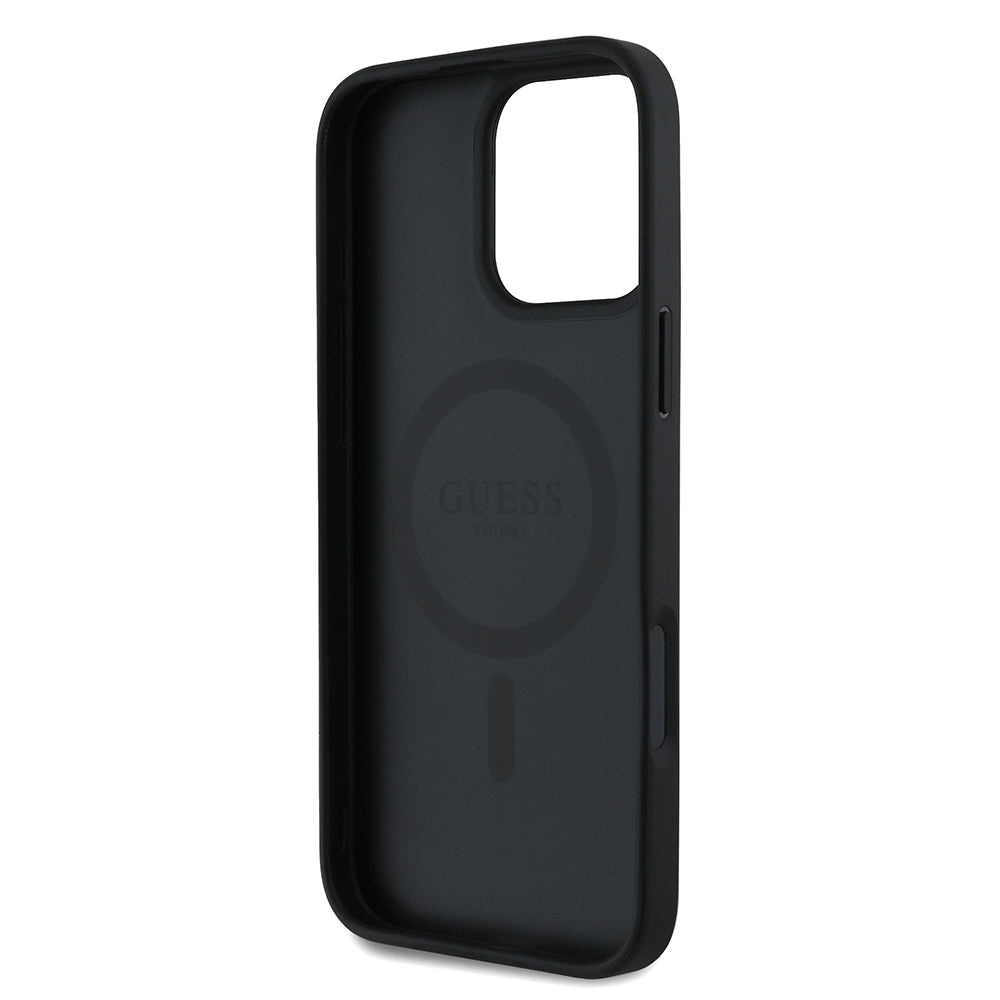 Guess Orijinal Lisanslı iPhone 16 Pro Max MagSafe Uyumlu Kılıf – Çiçek Desenli, Metal Logolu Siyah