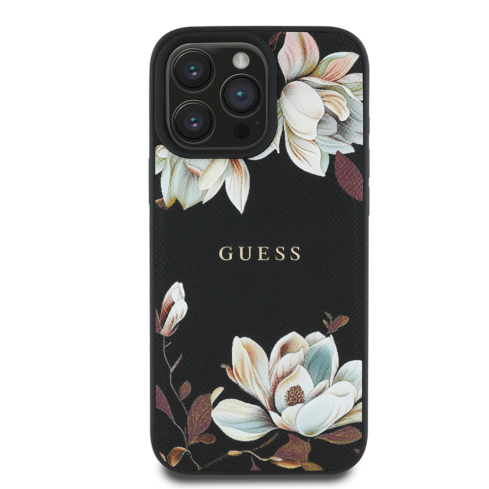 Guess Orijinal Lisanslı iPhone 16 Pro Max MagSafe Uyumlu Kılıf – Çiçek Desenli, Metal Logolu Siyah