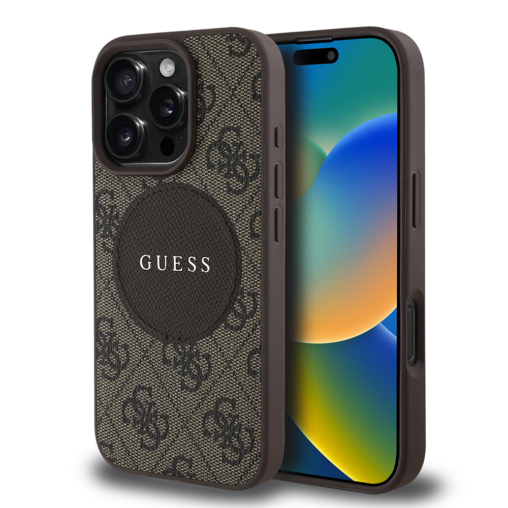 Guess Orijinal Lisanslı iPhone 16 Pro Max MagSafe Uyumlu Kılıf – Circle Classic, Yazı Logolu Kahverengi