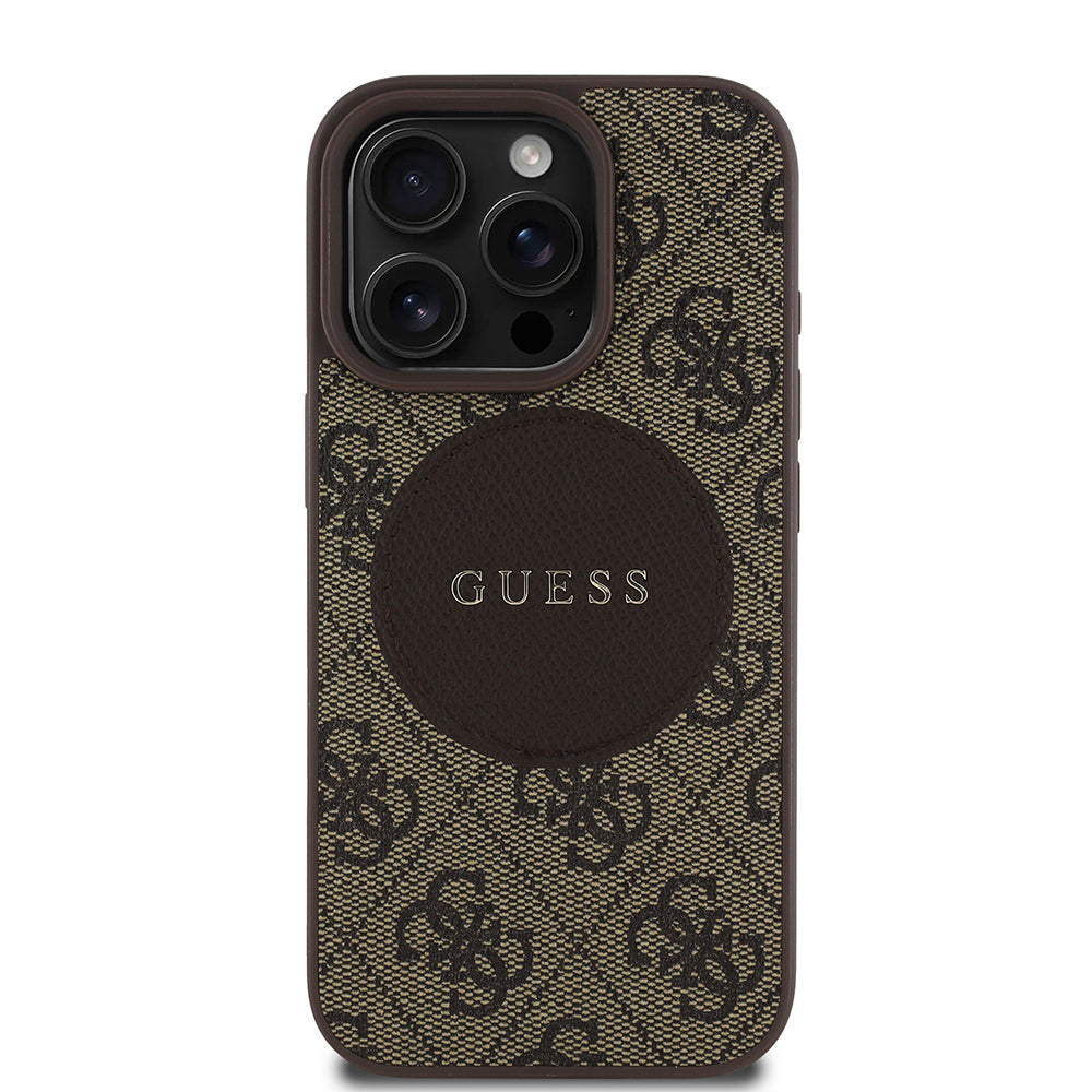 Guess Orijinal Lisanslı iPhone 16 Pro Max MagSafe Uyumlu Kılıf – Circle Classic, Yazı Logolu Kahverengi