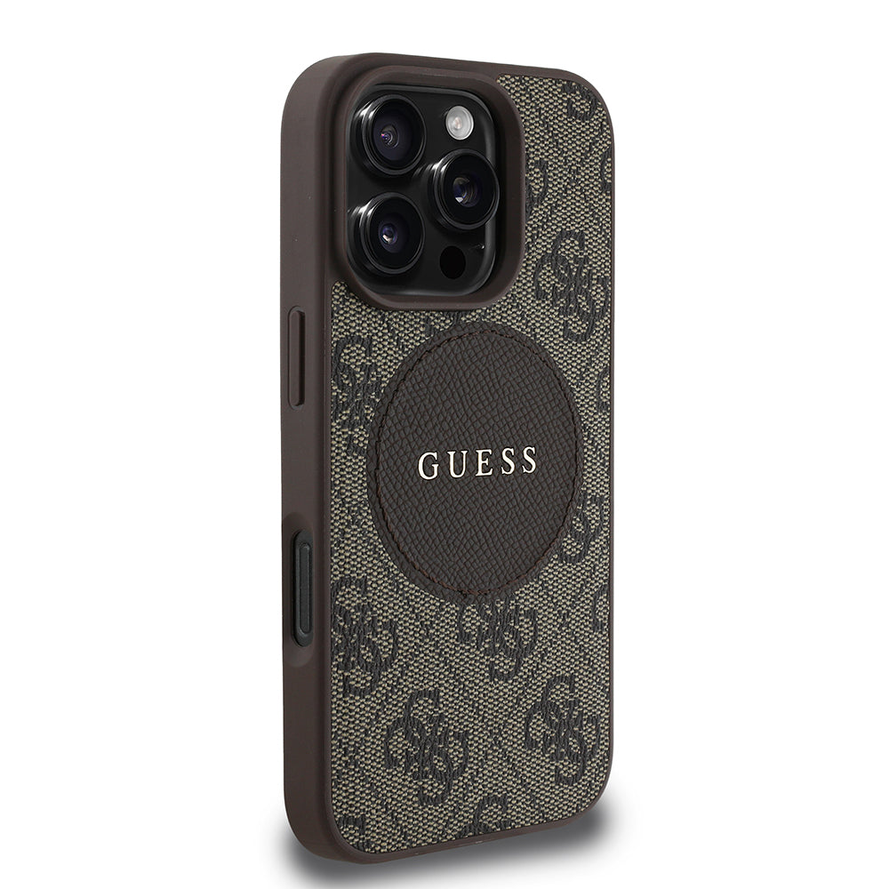 Guess Orijinal Lisanslı iPhone 16 Pro Max MagSafe Uyumlu Kılıf – Circle Classic, Yazı Logolu Kahverengi