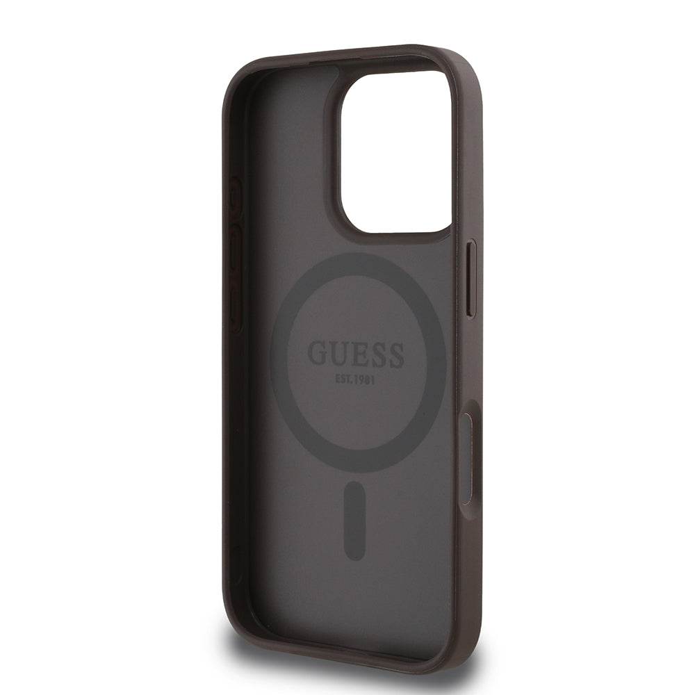 Guess Orijinal Lisanslı iPhone 16 Pro Max MagSafe Uyumlu Kılıf – Circle Classic, Yazı Logolu Kahverengi
