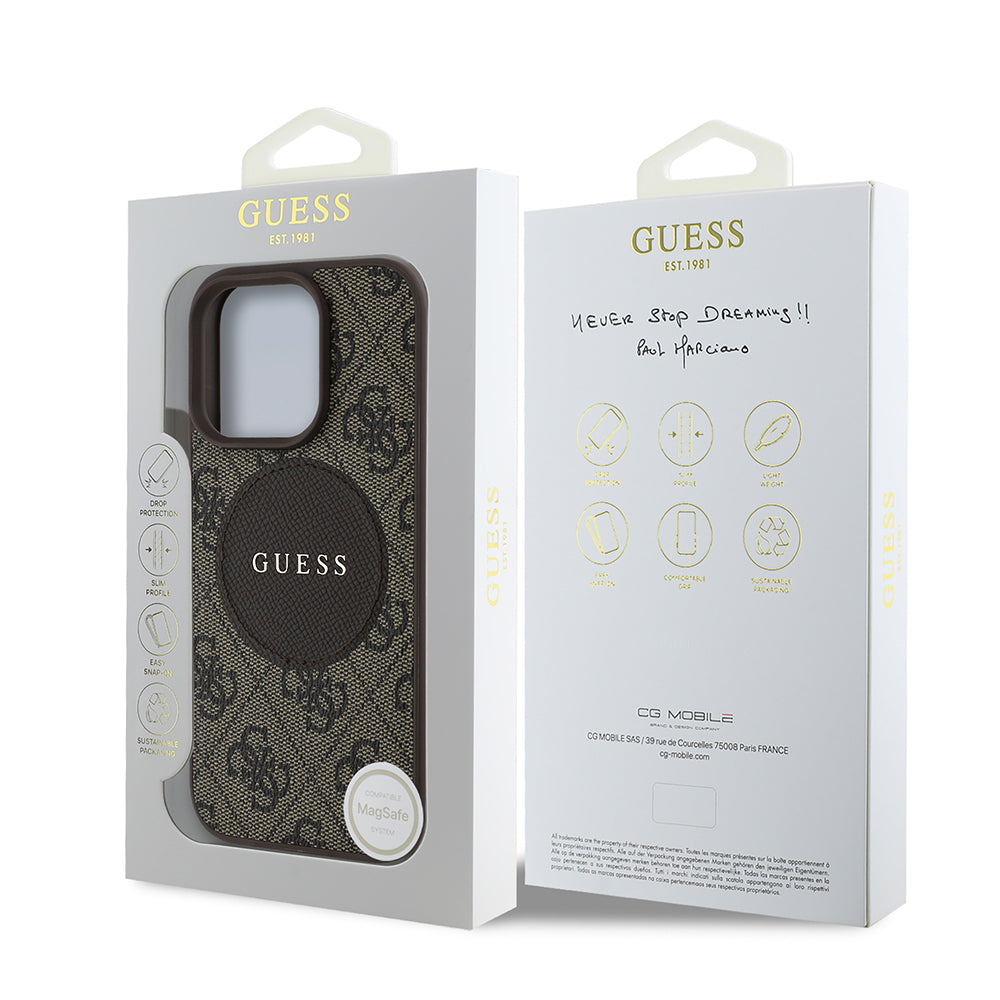 Guess Orijinal Lisanslı iPhone 16 Pro Max MagSafe Uyumlu Kılıf – Circle Classic, Yazı Logolu Kahverengi