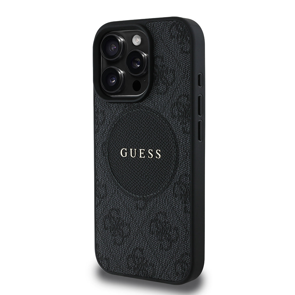 Guess Orijinal Lisanslı iPhone 16 Pro MagSafe Uyumlu Kılıf – Circle Classic, Yazı Logolu Siyah