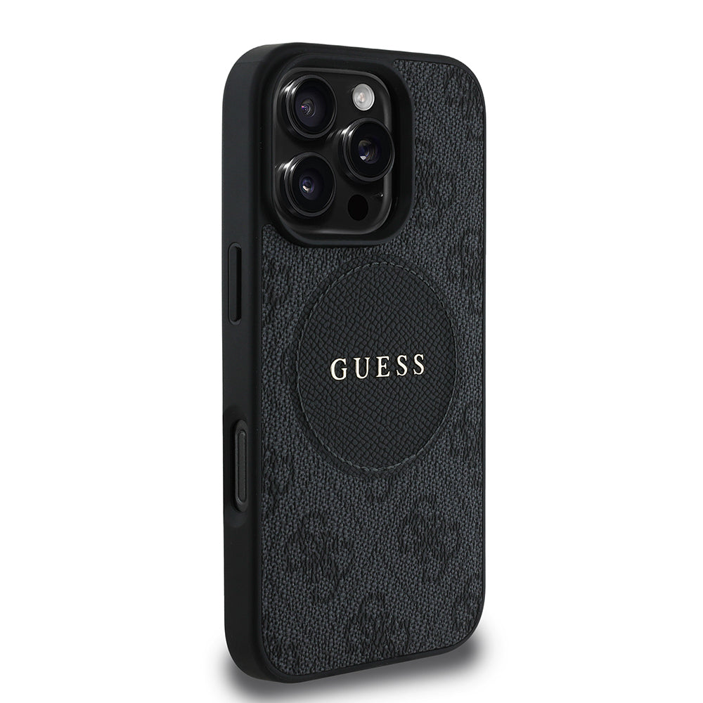 Guess Orijinal Lisanslı iPhone 16 Pro MagSafe Uyumlu Kılıf – Circle Classic, Yazı Logolu Siyah