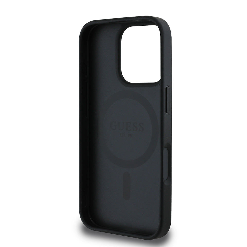 Guess Orijinal Lisanslı iPhone 16 Pro MagSafe Uyumlu Kılıf – Circle Classic, Yazı Logolu Siyah