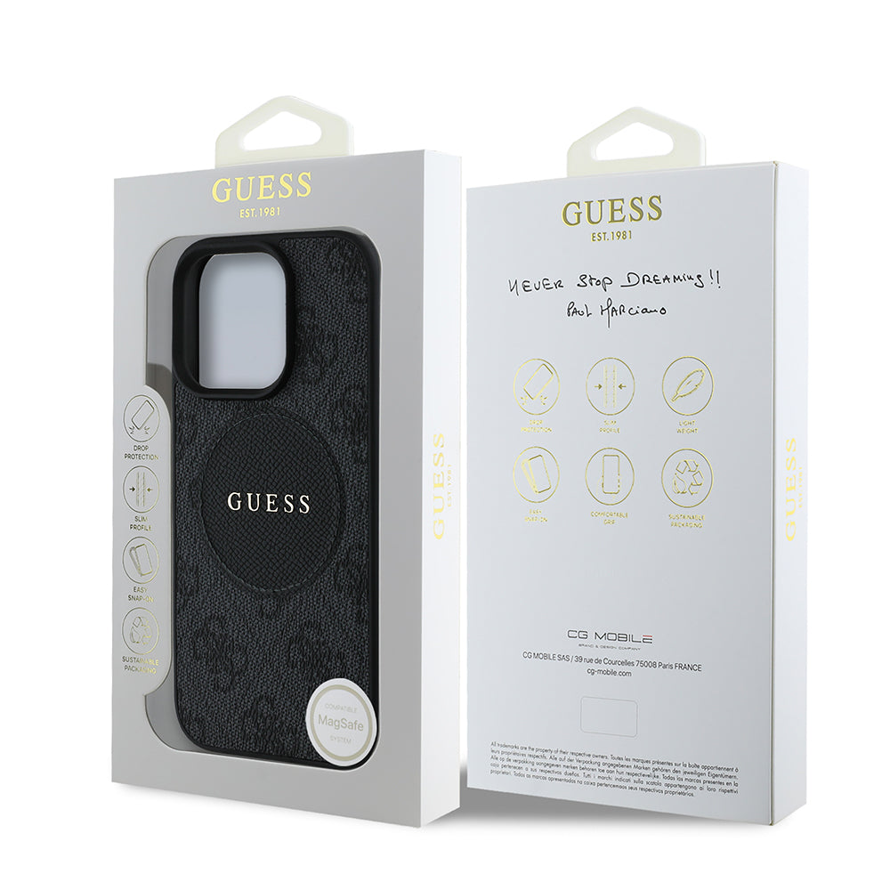 Guess Orijinal Lisanslı iPhone 16 Pro MagSafe Uyumlu Kılıf – Circle Classic, Yazı Logolu Siyah