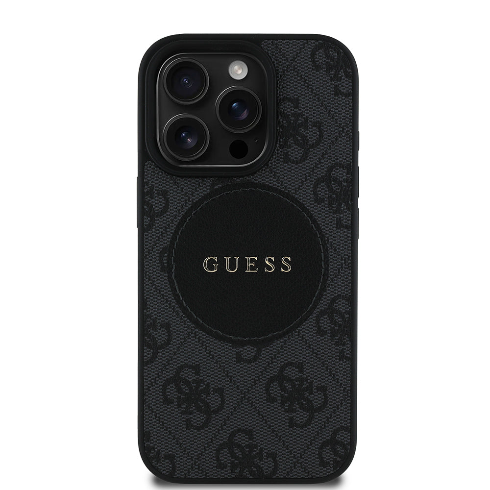 Guess Orijinal Lisanslı iPhone 16 Pro MagSafe Uyumlu Kılıf – Circle Classic, Yazı Logolu Siyah