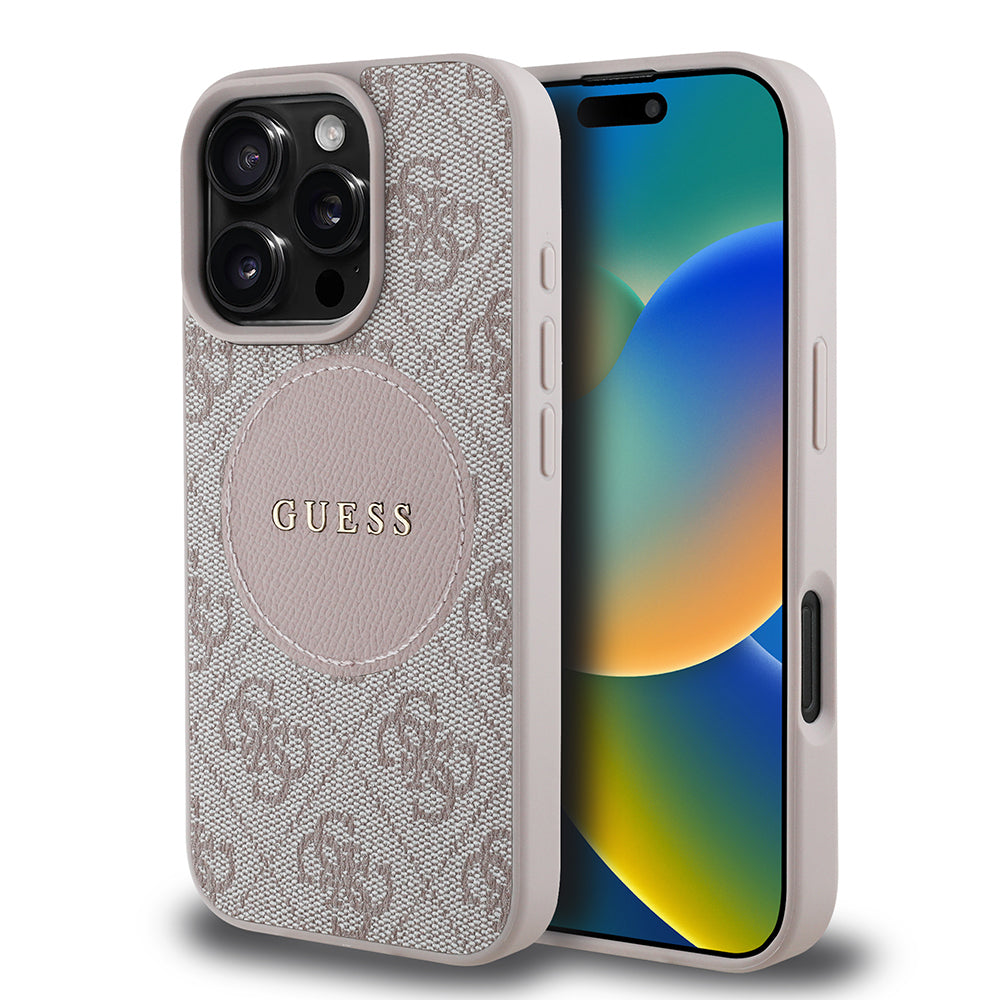 Guess Orijinal Lisanslı iPhone 16 Pro Max MagSafe Uyumlu Kılıf – Circle Classic, Yazı Logolu Pembe