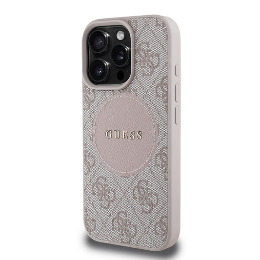 Guess Orijinal Lisanslı iPhone 16 Pro Max MagSafe Uyumlu Kılıf – Circle Classic, Yazı Logolu Pembe
