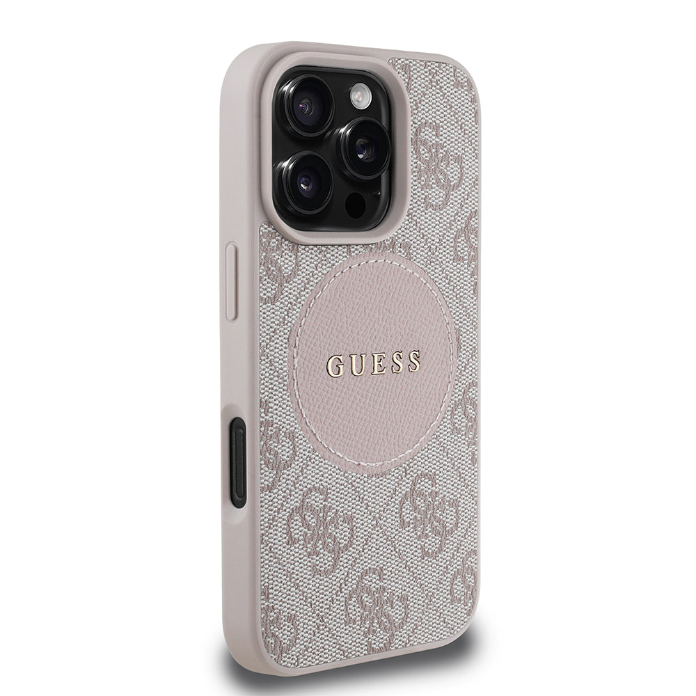 Guess Orijinal Lisanslı iPhone 16 Pro Max MagSafe Uyumlu Kılıf – Circle Classic, Yazı Logolu Pembe