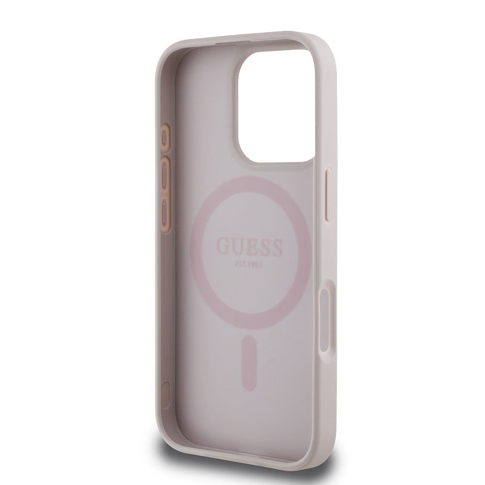 Guess Orijinal Lisanslı iPhone 16 Pro Max MagSafe Uyumlu Kılıf – Circle Classic, Yazı Logolu Pembe