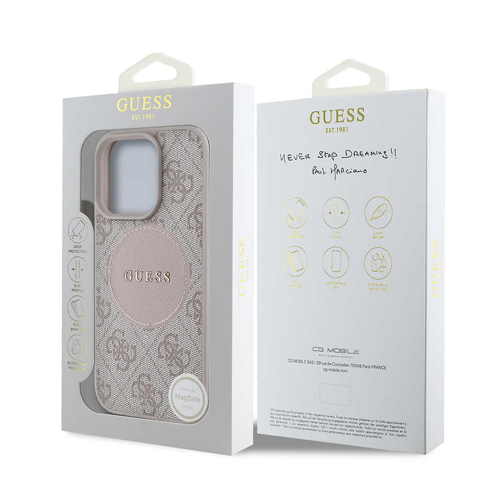 Guess Orijinal Lisanslı iPhone 16 Pro Max MagSafe Uyumlu Kılıf – Circle Classic, Yazı Logolu Pembe