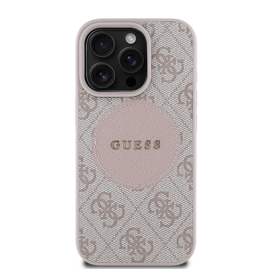 Guess Orijinal Lisanslı iPhone 16 Pro Max MagSafe Uyumlu Kılıf – Circle Classic, Yazı Logolu Pembe