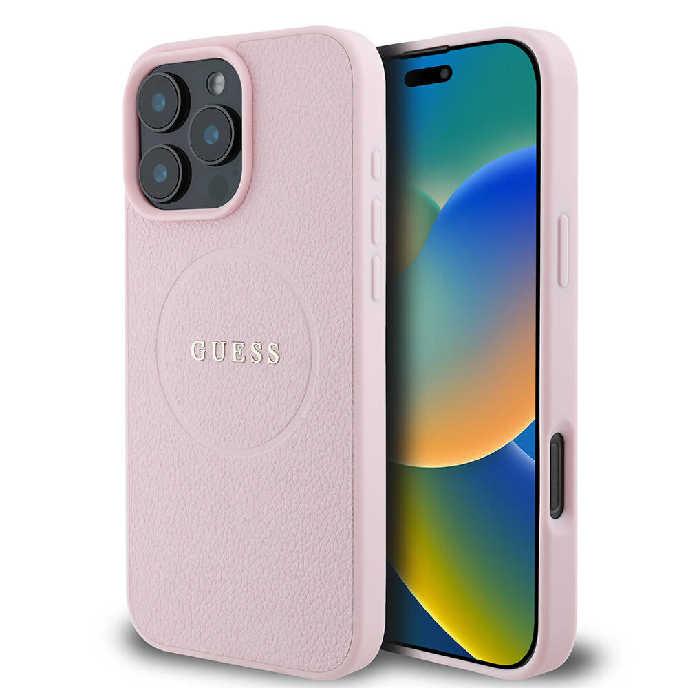 Guess Orijinal Lisanslı iPhone 16 Pro Max MagSafe Uyumlu Kılıf – Yazı Logolu, Grained Tasarım Pembe