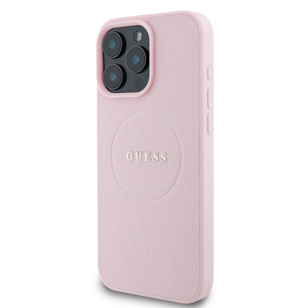 Guess Orijinal Lisanslı iPhone 16 Pro Max MagSafe Uyumlu Kılıf – Yazı Logolu, Grained Tasarım Pembe
