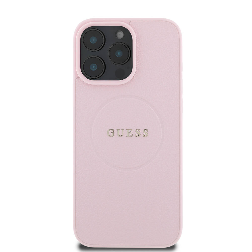 Guess Orijinal Lisanslı iPhone 16 Pro Max MagSafe Uyumlu Kılıf – Yazı Logolu, Grained Tasarım Pembe