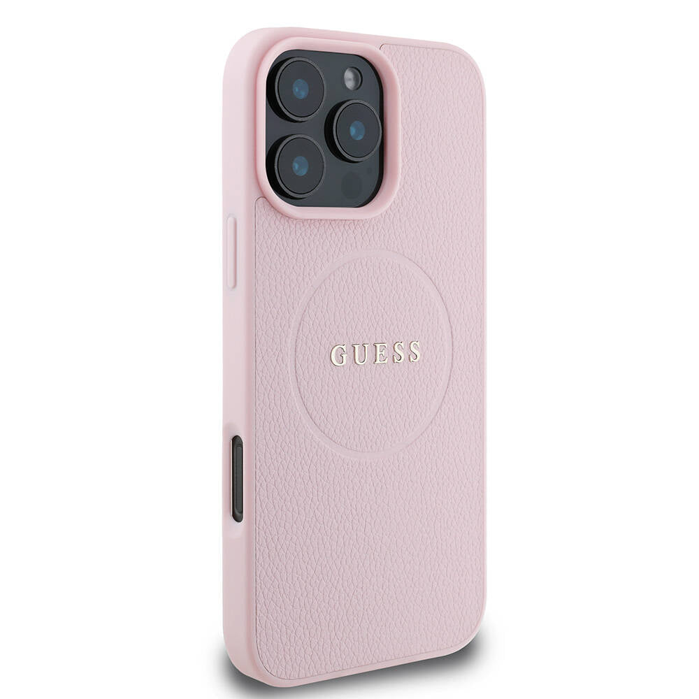 Guess Orijinal Lisanslı iPhone 16 Pro Max MagSafe Uyumlu Kılıf – Yazı Logolu, Grained Tasarım Pembe