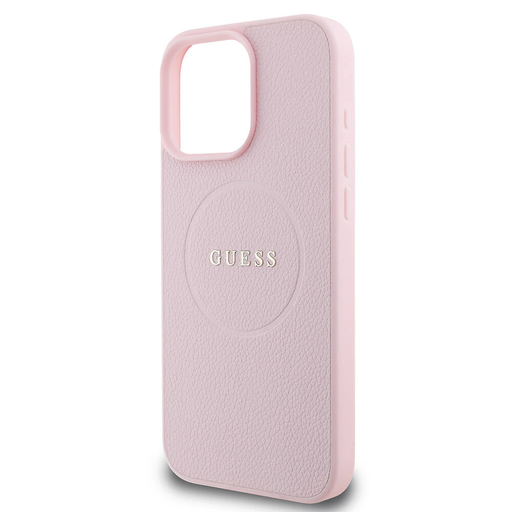Guess Orijinal Lisanslı iPhone 16 Pro Max MagSafe Uyumlu Kılıf – Yazı Logolu, Grained Tasarım Pembe