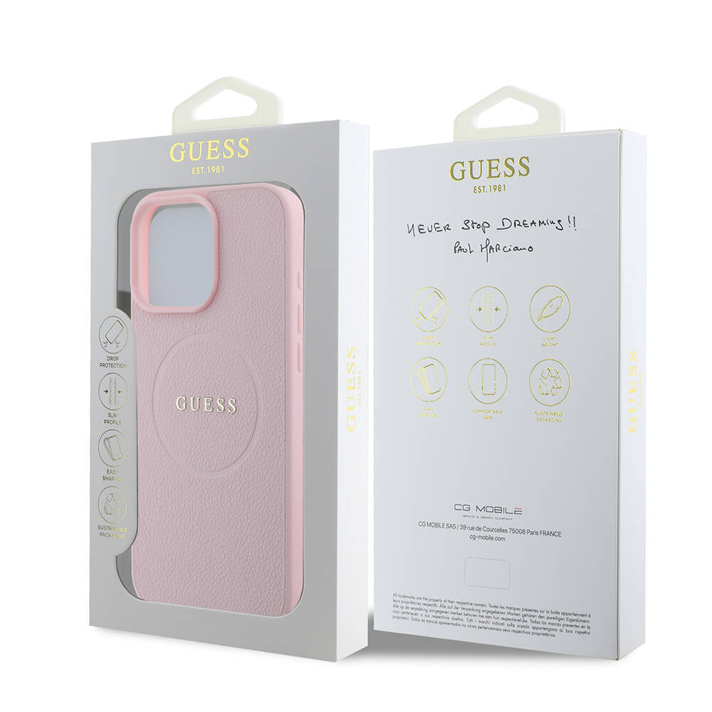 Guess Orijinal Lisanslı iPhone 16 Pro Max MagSafe Uyumlu Kılıf – Yazı Logolu, Grained Tasarım Pembe