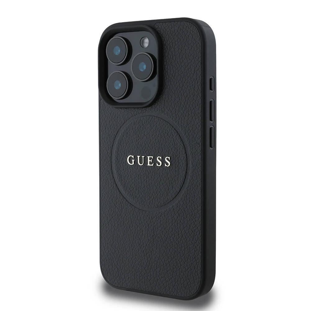 Guess Orijinal Lisanslı iPhone 16 Pro MagSafe Uyumlu Kılıf – Yazı Logolu, Grained Tasarım Siyah