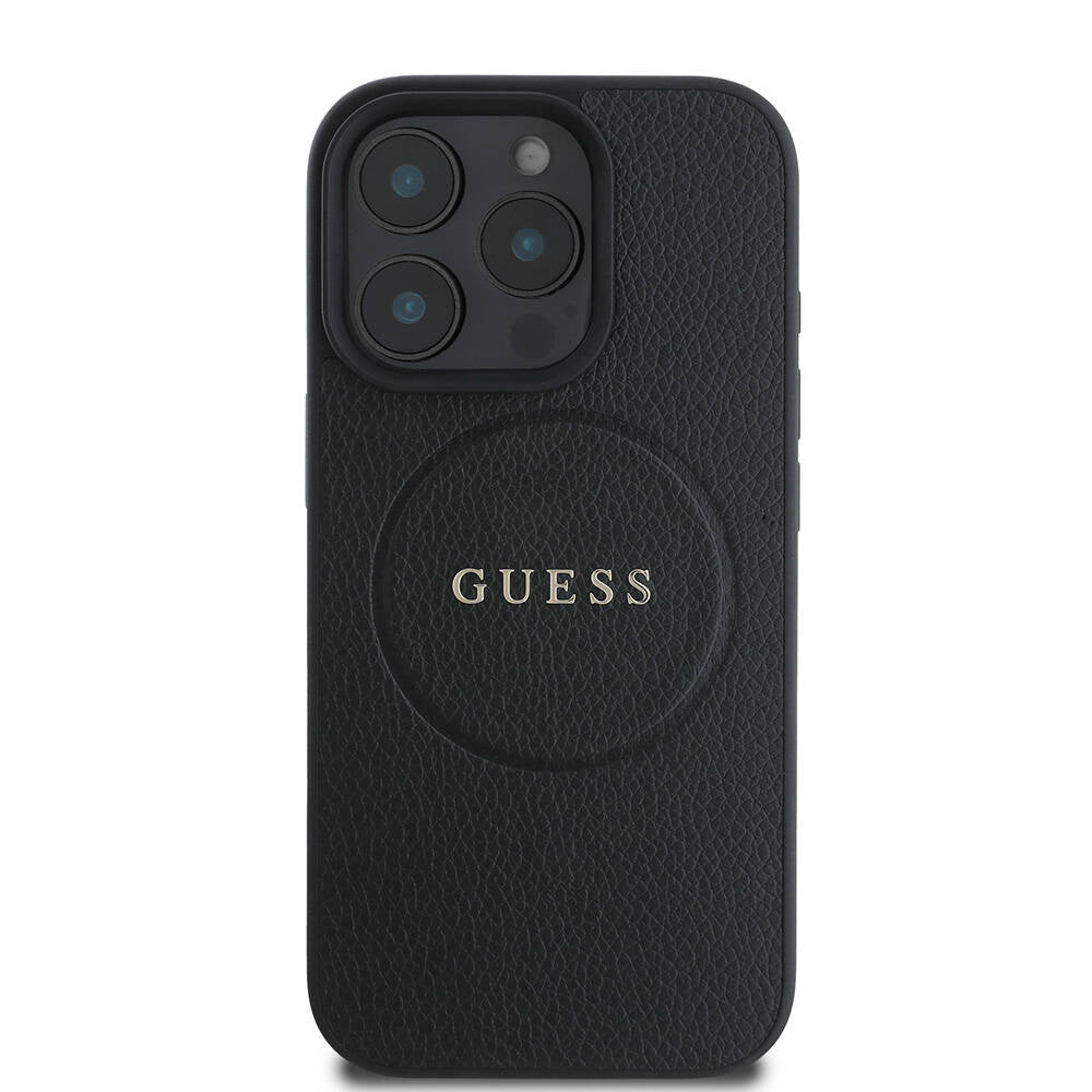 Guess Orijinal Lisanslı iPhone 16 Pro MagSafe Uyumlu Kılıf – Yazı Logolu, Grained Tasarım Siyah