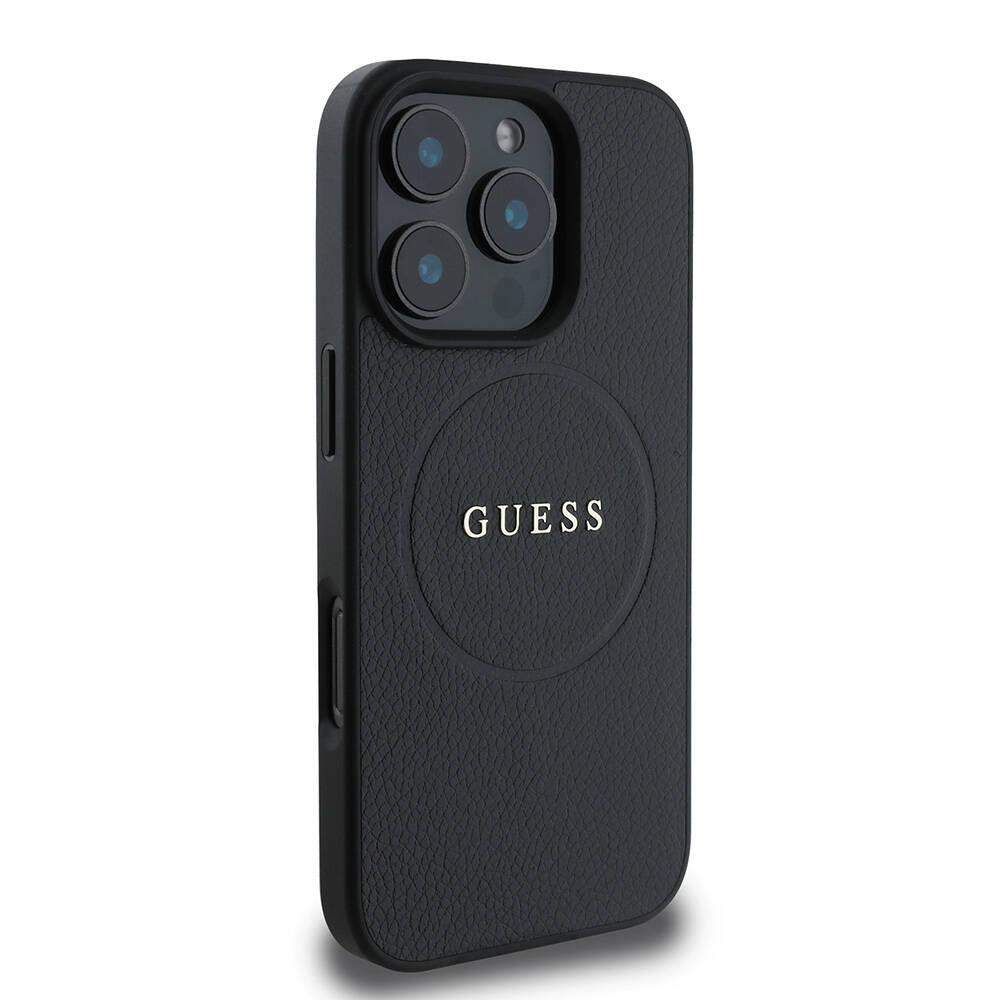 Guess Orijinal Lisanslı iPhone 16 Pro MagSafe Uyumlu Kılıf – Yazı Logolu, Grained Tasarım Siyah