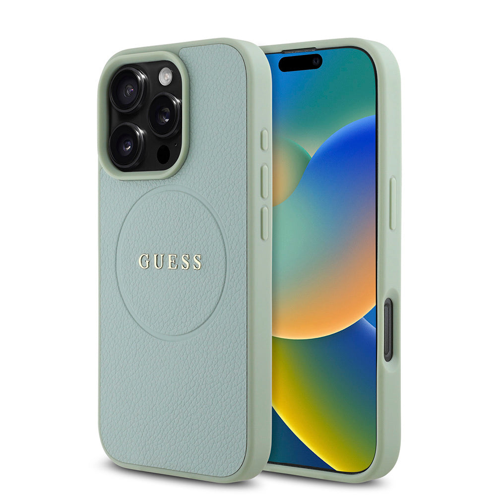 Guess Orijinal Lisanslı iPhone 16 Pro MagSafe Uyumlu Kılıf – Yazı Logolu, Grained Tasarım Yeşil