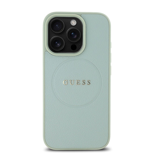 Guess Orijinal Lisanslı iPhone 16 Pro MagSafe Uyumlu Kılıf – Yazı Logolu, Grained Tasarım Yeşil