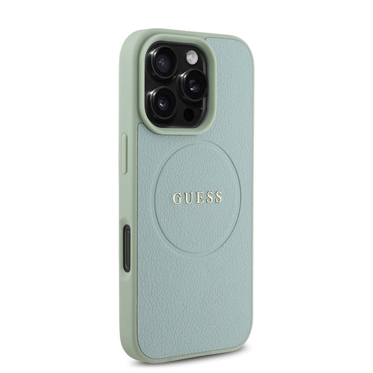 Guess Orijinal Lisanslı iPhone 16 Pro MagSafe Uyumlu Kılıf – Yazı Logolu, Grained Tasarım Yeşil