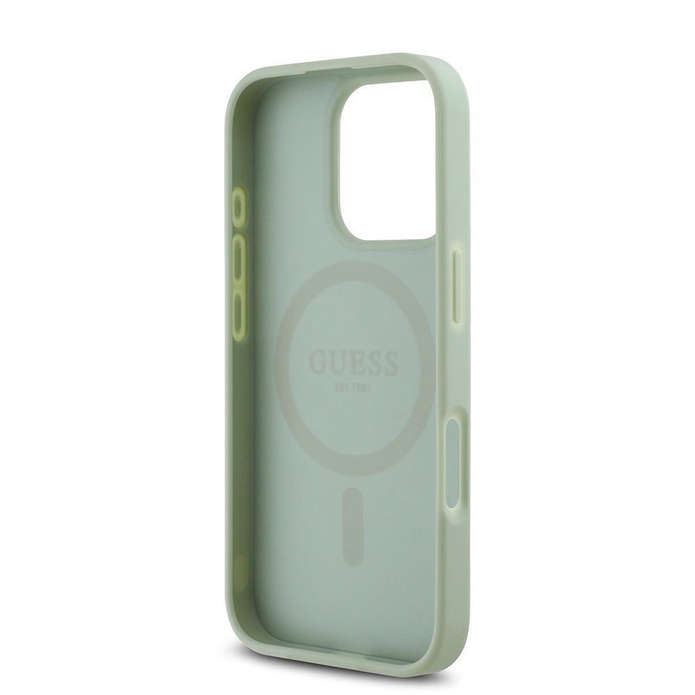 Guess Orijinal Lisanslı iPhone 16 Pro MagSafe Uyumlu Kılıf – Yazı Logolu, Grained Tasarım Yeşil