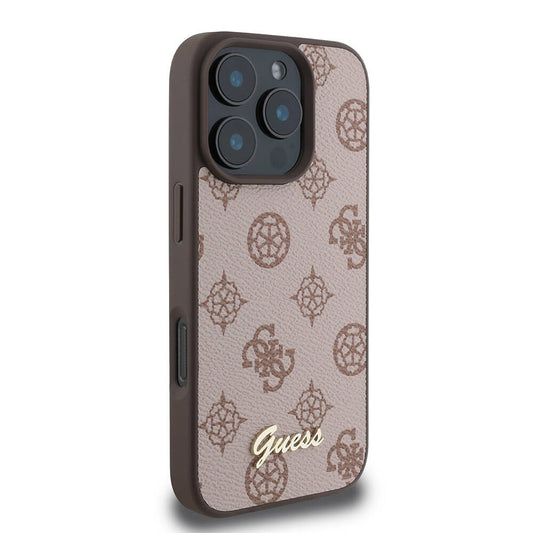 Guess Orijinal Lisanslı iPhone 16 Pro MagSafe Uyumlu Kılıf – Yazı Logolu, Peony Tasarım Kahverengi