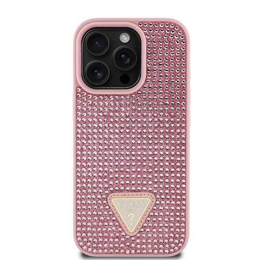 Guess Orijinal Lisanslı iPhone 16 Pro Max Uyumlu Kılıf – Taşlı Arka Yüzey, Üçgen Logolu Pembe