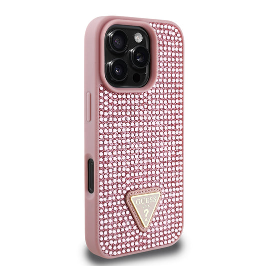 Guess Orijinal Lisanslı iPhone 16 Pro Max Uyumlu Kılıf – Taşlı Arka Yüzey, Üçgen Logolu Pembe