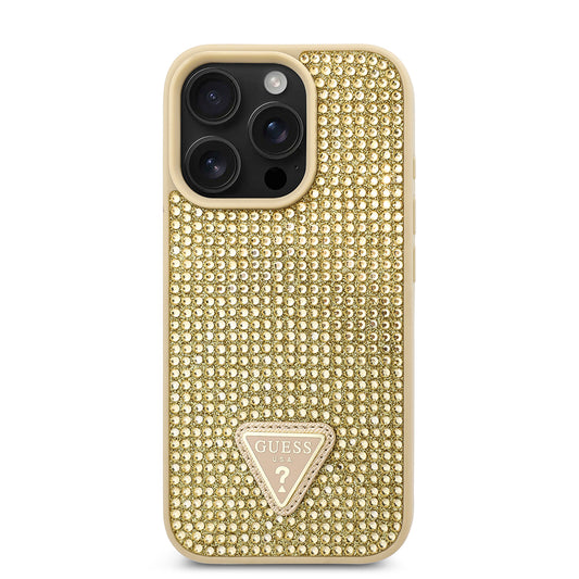 Guess Orijinal Lisanslı iPhone 16 Pro Max Uyumlu Kılıf – Taşlı Arka Yüzey, Üçgen Logolu Gold
