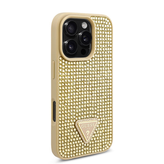 Guess Orijinal Lisanslı iPhone 16 Pro Max Uyumlu Kılıf – Taşlı Arka Yüzey, Üçgen Logolu Gold