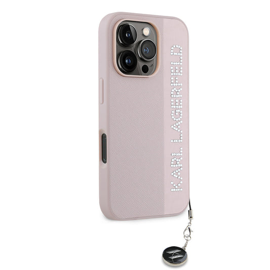 Karl Lagerfeld Orijinal Lisanslı iPhone 16 Pro Max Uyumlu Kılıf – Anahtarlıklı Taşlı KL Yazılı Saffiano Rhinestones Kapak Pembe