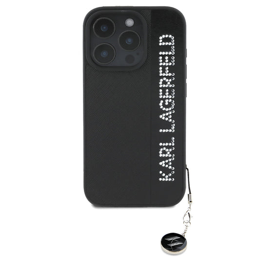 Karl Lagerfeld Orijinal Lisanslı iPhone 16 Pro Max Uyumlu Kılıf – Anahtarlıklı Taşlı KL Yazılı Saffiano Rhinestones Kapak Siyah
