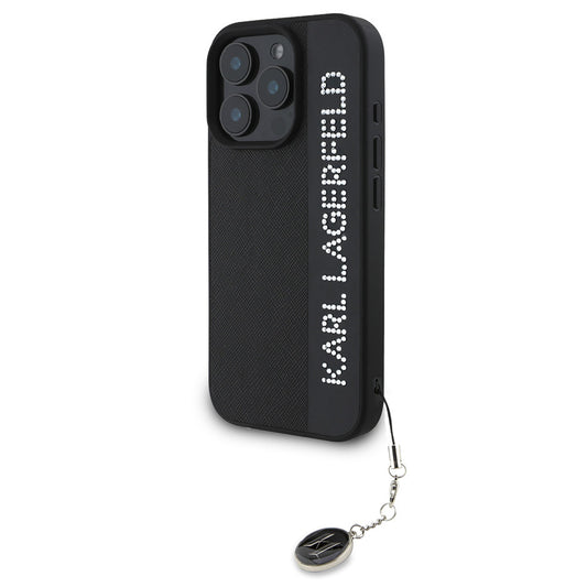 Karl Lagerfeld Orijinal Lisanslı iPhone 16 Pro Max Uyumlu Kılıf – Anahtarlıklı Taşlı KL Yazılı Saffiano Rhinestones Kapak Siyah