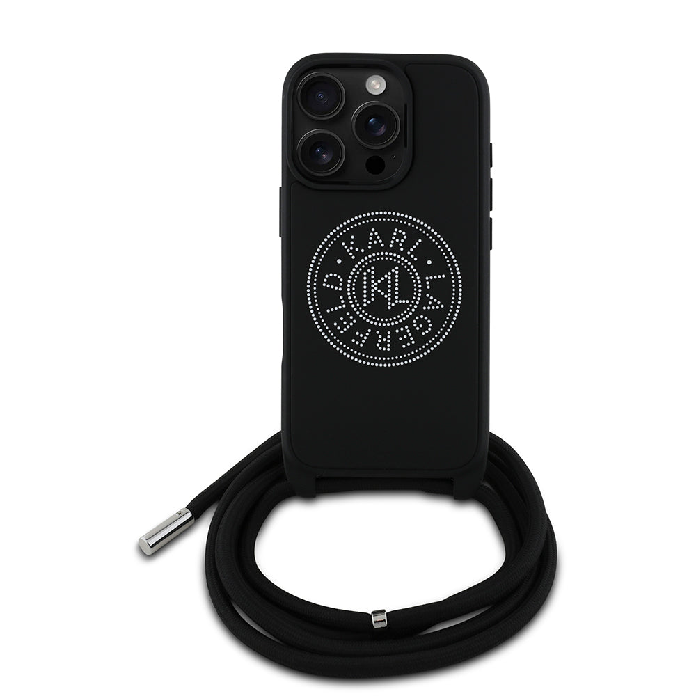 Karl Lagerfeld Orijinal Lisanslı iPhone 16 Pro Max Uyumlu Kılıf – Askı İpli Taşlı KL Yazılı Crossbody Cord Kapak