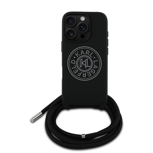 Karl Lagerfeld Orijinal Lisanslı iPhone 16 Pro Max Uyumlu Kılıf – Askı İpli Taşlı KL Yazılı Crossbody Cord Kapak